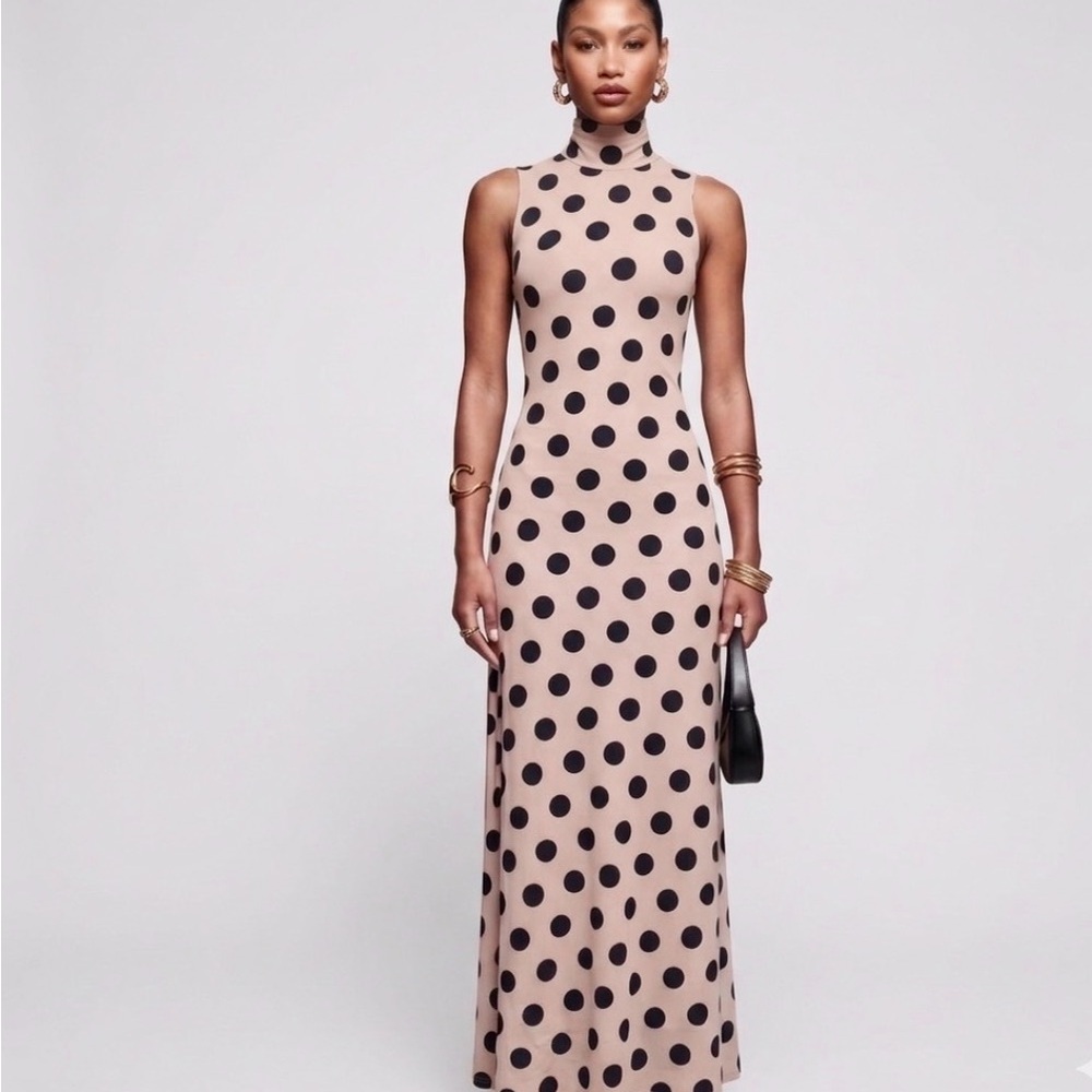 Revolve AFRM Polka Dot Mesh Ruched Maxi Dress Funnel Neck Sz. Medium